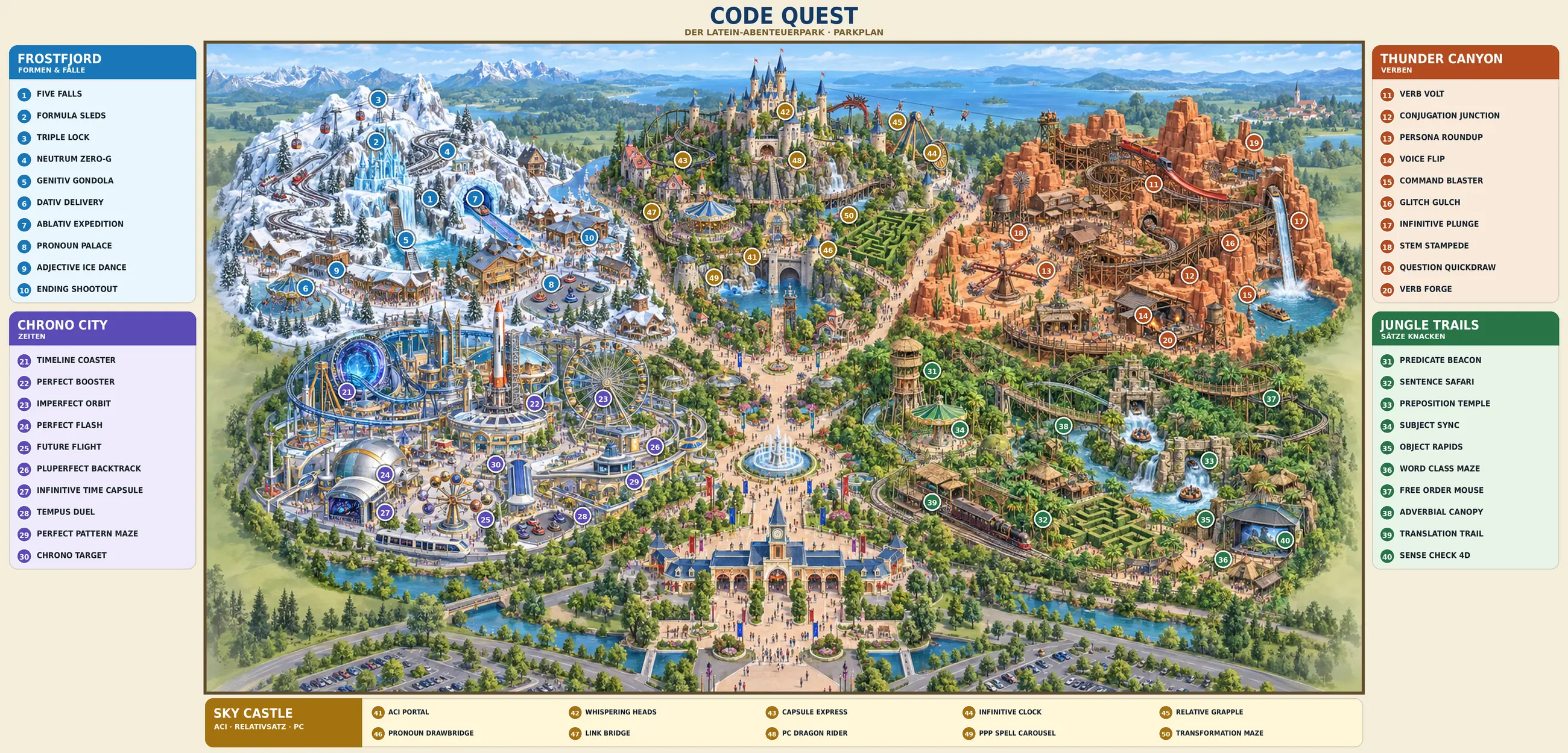 Illustrierter CODE-QUEST-Parkplan mit fünf Themenwelten